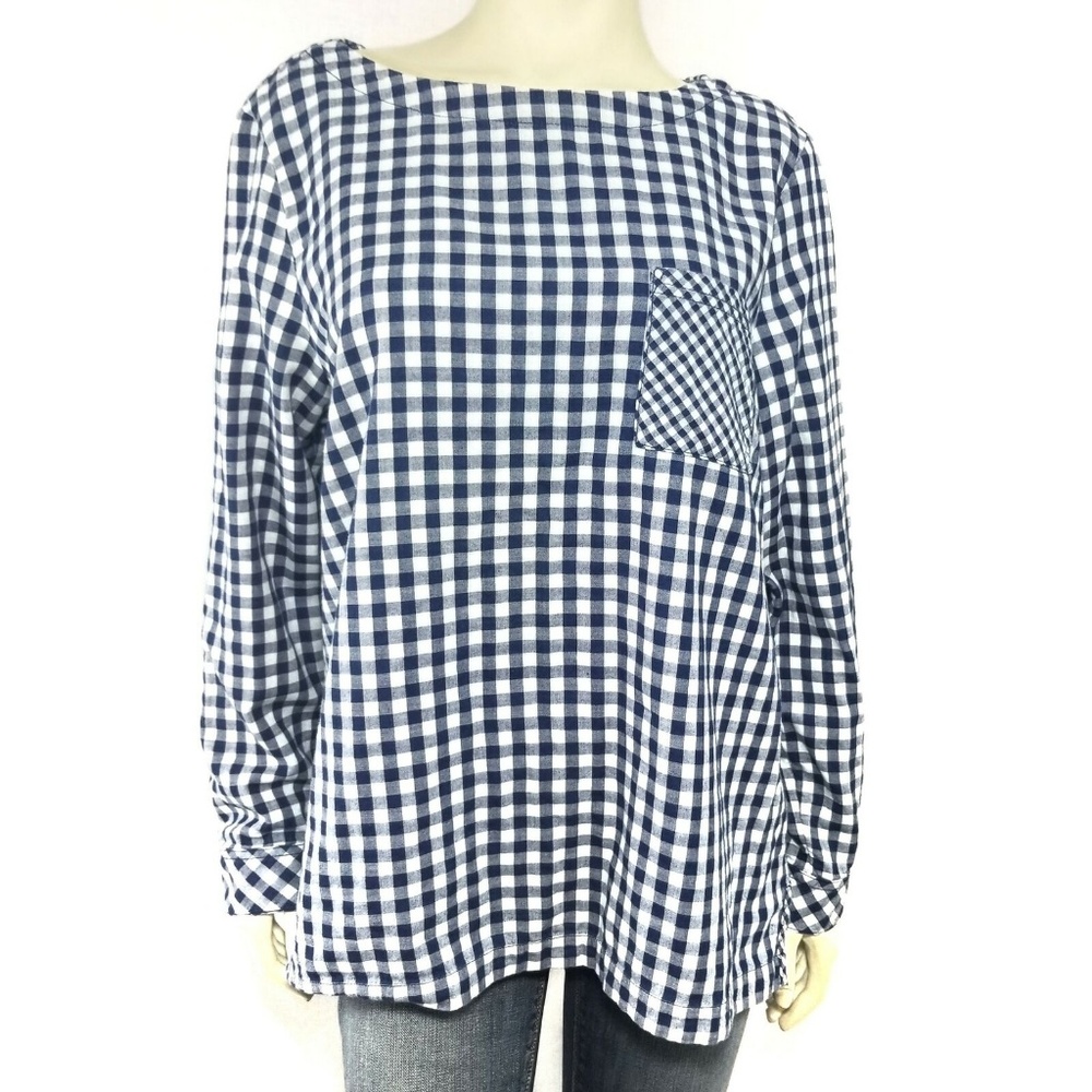 J. Jill Blue and White Gingham Check Boxy Blouse - Picture 4 of 5